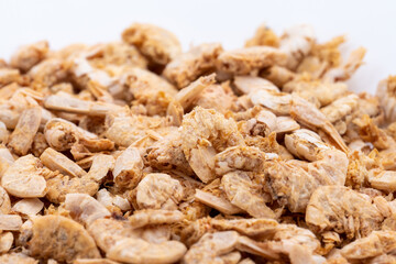 Dried shrimp closeup on white background. Selective focus