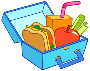 Blue lunch box with apple, sandwich and juice. Vector illustration isolated