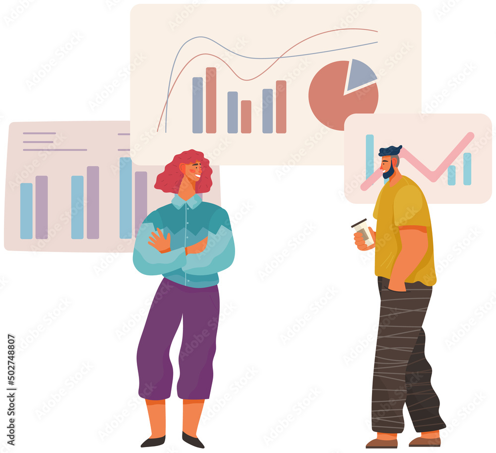 Poster manager makes presentation of statistical report analysis charts. planning business. teamwork consul