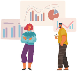 Manager makes presentation of statistical report analysis charts. Planning business. Teamwork consulting for project management, financial reporting and strategy. Data analysis research statistics