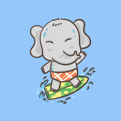 elephant cartoon character surfing on sea