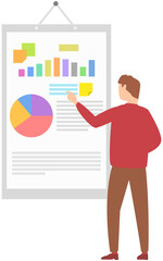 Man standing next to flipchart with diagram. Presentation board with statistical data. Business report showroom with poster and lecturer. Businessman demonstrates results of statistical research