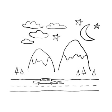 Simple coloring book for kids mountains and forest.