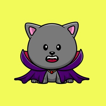Cute Cat Vampire Cartoon Vector Icon Illustration. Animal Halloween Icon Concept Isolated Premium Vector.
