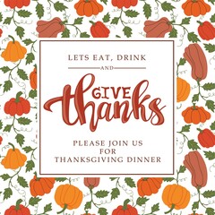 Thanksgiving invitation with pumpkins pattern. Square creative universal artistic template. Vector illustration.
