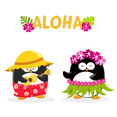 Cute Hawaiian Penguins Enjoying Ukulele Music