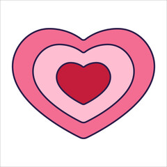 Retro Valentine Day icon heart. Love symbols in the fashionable pop line art style. The figure of a heart in soft pink, red and coral color. Vector illustration isolated on white.