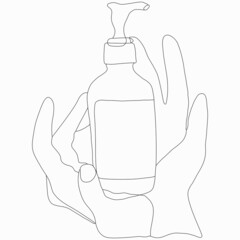 Beauty and care. Silhouette of hands holding body cream. Vector flat line art illustration. Vector element for decoration in the style of minimalism. Imitation of drawing by one line. Body cosmetics