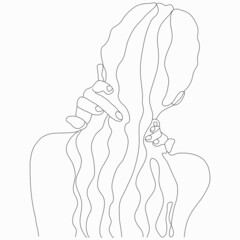 Girl with long hair posing in the shower. Self love. Nice vector flat line art illustration. Vector element for decoration in the style of minimalism. Fashion model. Imitation of drawing by one line. 