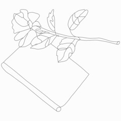 Beauty and fashion. A book or notepad and a rose. The beauty of everyday life.Vector flat line art illustration. Vector element for minimalistic decoration. Imitation of drawing by one line