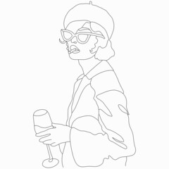 A woman in a beret with a cigarette and a glass in her hand. French street style. Nice vector flat line art illustration. Vector element for decoration in the style of minimalism. Fashion model. 