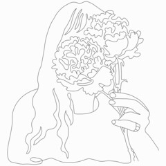 Fashion girl with flowers posing. Street style. Nice vector flat line art illustration. Vector element for decoration in the style of minimalism. Fashion model. Imitation of drawing by one line.