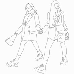 Young fashion couple. Street style. Happy Valentine's Day. LGBTQ+. Nice vector flat line art illustration. Vector element for decor. Lovers, romance. Cover models. Imitation of drawing by one line