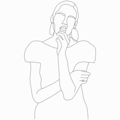 Fashion girl posing. Street style. Nice vector flat line art illustration. Vector element for decoration in the style of minimalism. Fashion model. Imitation of drawing by one line. Trendy look