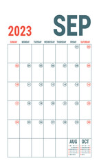 September. Planner 2023 year. English vector vertical template. Week starts on Sunday
