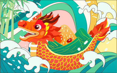 Dragon Boat Festival people are racing dragon boat with waves and zongzi in the background, vector illustration