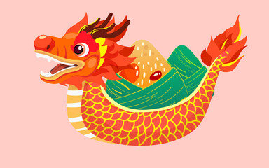 Dragon Boat Festival people are racing dragon boat with waves and zongzi in the background, vector illustration