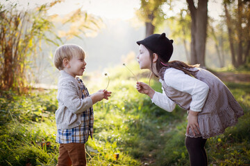 Fototapeta Dzieci dmuchają dmuchawce w parku przy letnim słoneczku obraz