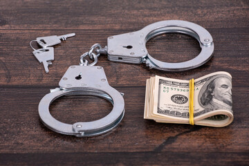 handcuffs, a wad of dollars and keys, close-up on a dark background