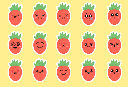 Sticers. Cute cartoon strawberry with different emotions. Cartoon fruit character set. Funny emoticon in flat style. Food emoji vector illustration