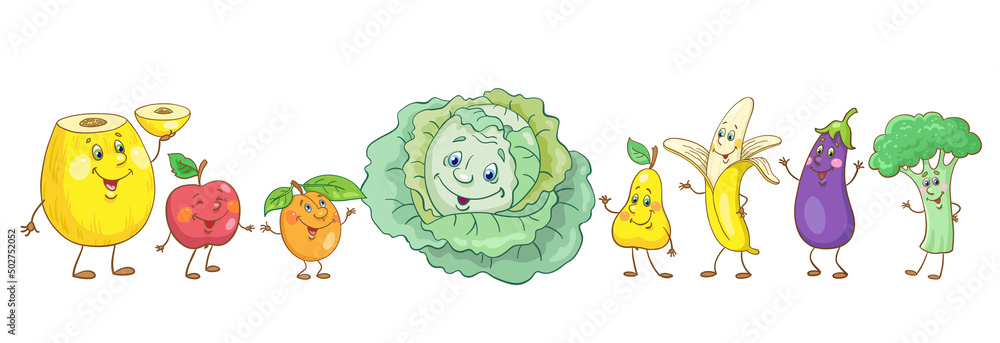 Sticker Set of funny fruits and vegetables. In cartoon style. Melon, apricot, banana, apple, pear, cabbage, broccoli, eggplant. Isolated on white background. Vector illustration.