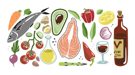 Hand Drawing Victor Colorful set Mediterranean Diet Food. Wine, lemon, pepper, salmon, oil, avocado, tomatoes in simple style. Use for your restaurant, cafe and menu design.