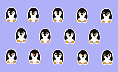 Kawaii stickers. Set of cute penguins. Hand drawn emotional cartoon characters. Cute characters with different faces, funny emotions.