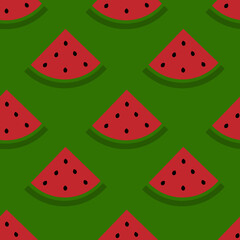 Simple seamless Watermelon pattern. Watermelon slices with seeds on dark green background. Made in vector.