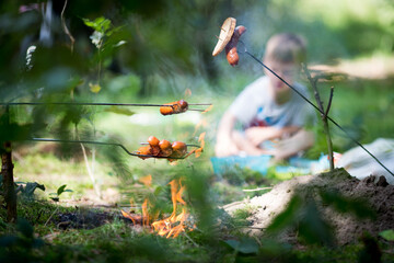 Fototapeta Kiełbaski pieczone w ognisku, rodzinne ognisko w lesie obraz