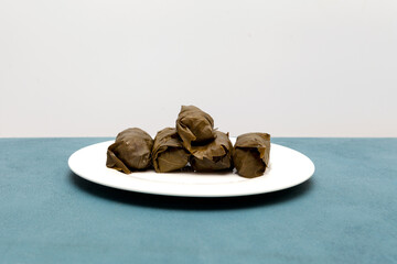 Stuffed grape leaves (traditional doom Mediterranean cuisine Dolma) on white plate with sauce