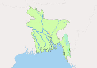High detailed vector Bangladesh physical map, topographic map of Bangladesh on white with rivers, lakes and neighbouring countries. 
