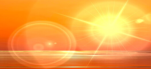 sun light flares on orange sunset  sky and  sea  water summer, nature landscape background banner template 