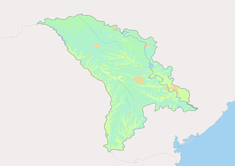 Fototapeta na wymiar High detailed vector Moldova physical map, topographic map of Moldova on white with rivers, lakes and neighbouring countries. 