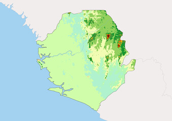 Fototapeta premium High detailed vector Sierra Leone physical map, topographic map of Sierra Leone on white with rivers, lakes and neighbouring countries. 