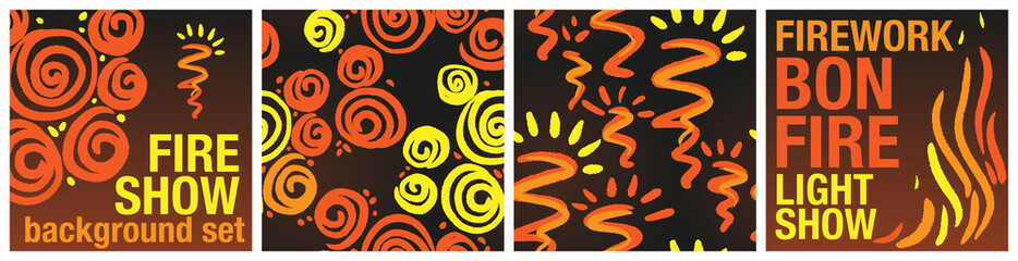 Firework and bonfire abstract background with copy space and vector seamless pattern set for midsummer; San Juan; Walpurgis; Guy Fawkes; eleventh night party. Colorful fire burst, spiral shapes.