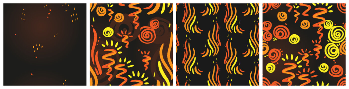 Firework and bonfire abstract seamless pattern set for midsummer; San Juan; Walpurgis; Guy Fawkes; eleventh night party. Colorful fire burst vector graphic on dark background.