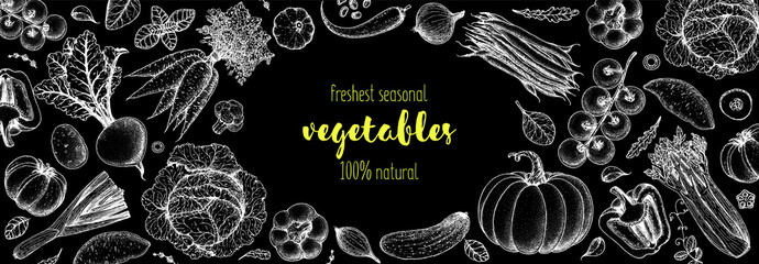 Vegetables hand drawn illustration. Top view frame. Vintage hand drawn. Organic food poster. Good nutrition, healthy food. Vector illustration. Cabbage, carrot, tomato, beet, leek, celery, tomato