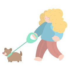Woman walking with dog in spring. Outdoor activity concept. Vector illustration in flat style, concept illustration for healthy lifestyle, sport, exercising.