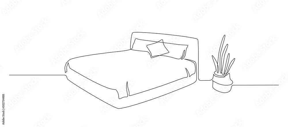 Poster continuous one line drawing of double bed with pillows and potted cactus on the floor. modern furnit