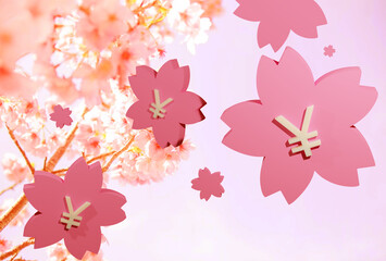 Beautiful Floating Japanese yen coins on sakura, 3D rendering, 3D illustration