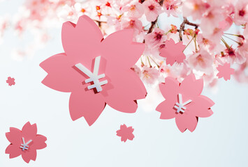 Beautiful Floating Japanese yen coins on sakura, 3D rendering, 3D illustration