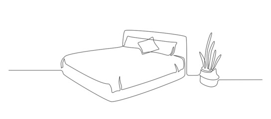 Continuous one line drawing of double bed with pillows and potted cactus on the floor. Modern furniture for stylish bedroom in simple linear style. Editable stroke. Doodle vector illustration