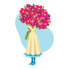 Woman holding huge bouquet of flowers. Postcard or poster for International Womens Day, Birthday or Mothers Day. Vector illustration