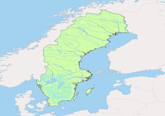 High detailed vector Sweden physical map, topographic map of Sweden on white with rivers, lakes and neighbouring countries. 