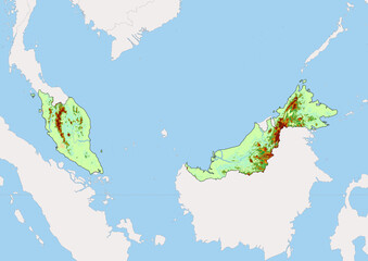 High detailed vector Malaysia physical map, topographic map of Malaysia on white with rivers, lakes and neighbouring countries. 