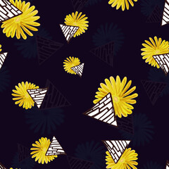 Watercolor pattern yellow summer dahlia flower and geometry, triangle on dark background for your seamless design, hand drawn