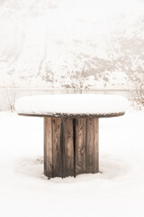 Wooden table in the Snow in Lofoten norway