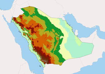 Obraz premium High detailed vector Saudi Arabia physical map, topographic map of Saudi Arabia on white with rivers, lakes and neighbouring countries. 