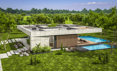 Fototapeta premium 3d rendering of new concrete house in modern style with pool and parking for sale or rent and beautiful landscaping on background. The house has only one floor. Summer sunny day with clear blue sky.