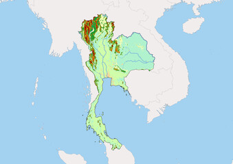 Obraz premium High detailed vector Thailand physical map, topographic map of Thailand on white with rivers, lakes and neighbouring countries. 